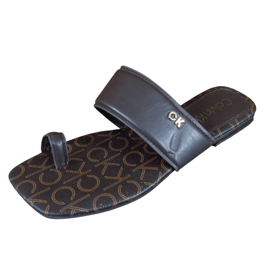 Calvin Klein Missy Womens Slide Sandals Size 6‎ Brown Logo Print Synthetic Flat